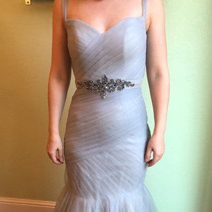 TERANI COUTURE PLEATED SILVER MERMAID GOWN